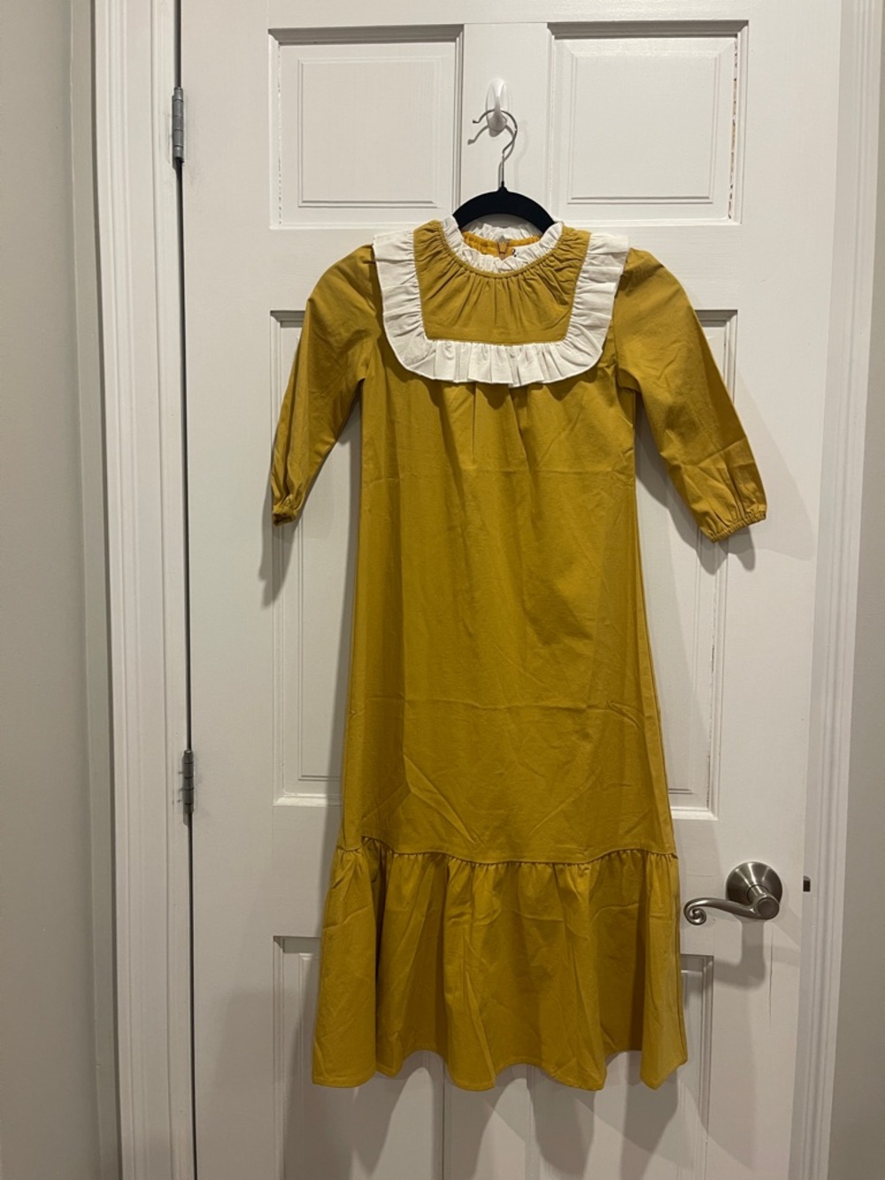 Mustard Yellow Girls Dress with White Ruffle Collar